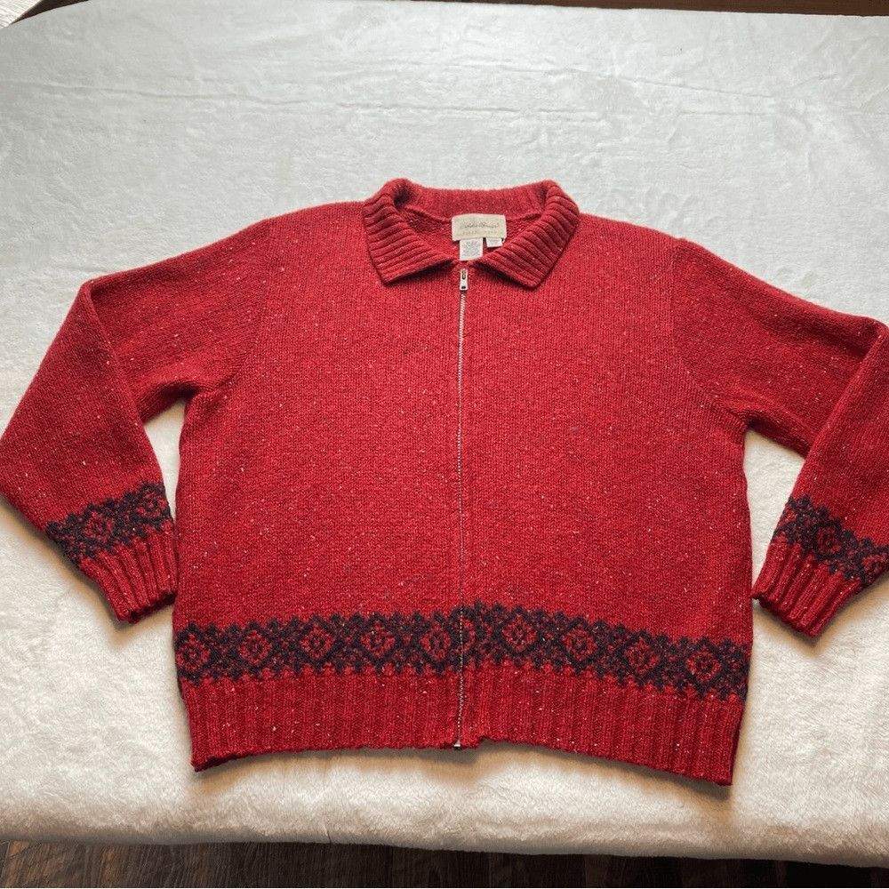 Eddie Bauer Vintage Womens L Wool Fair Isle Full Zip Sweater Made USA Red